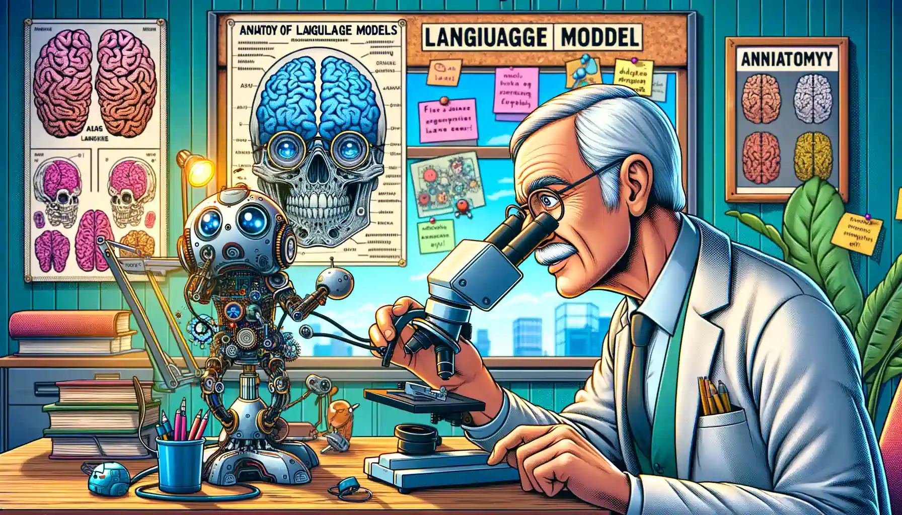  i want an old man exploring large language models on looking at a small robot  with a microscope